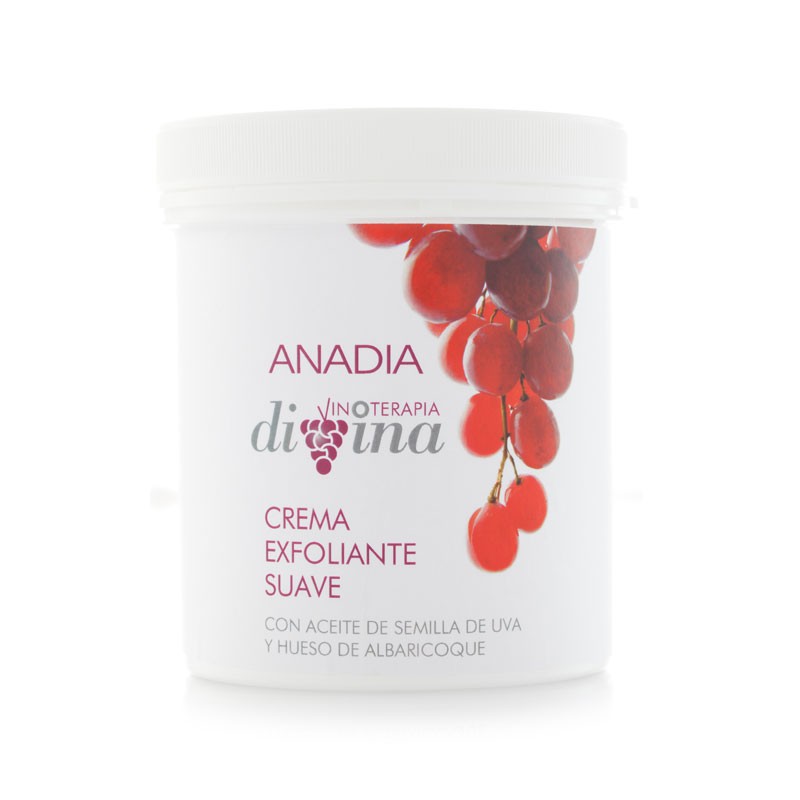 Crema exfoliante de Anadia con aceite de semilla de uva. Su textura cremosa elimina las células muertas, dejando la piel suave e hidratada.